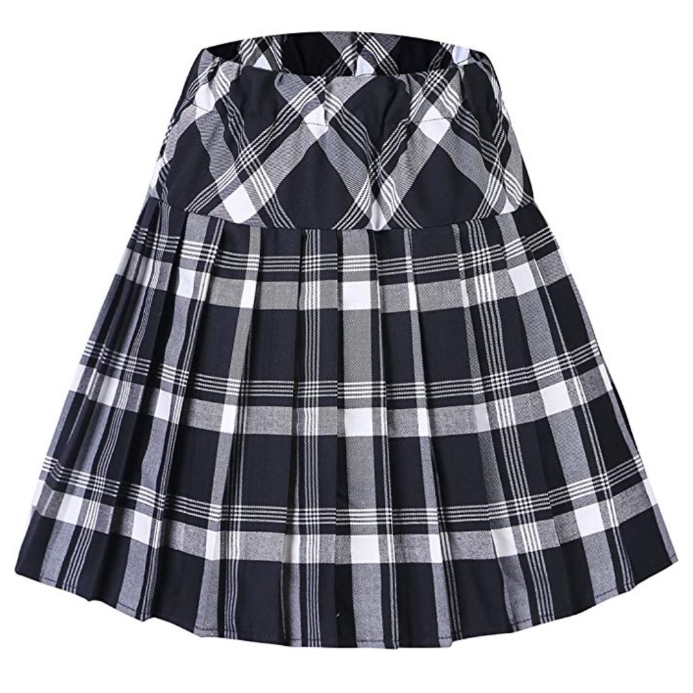 Navy Elastic Waist Plaid Pleated Skirt, S